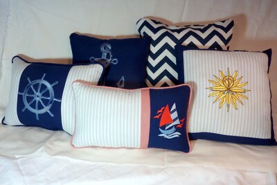 Nautical Pillows Set of 2, Navy blue and white Embroidered pillows, Anchor and Ships Wheel - image2